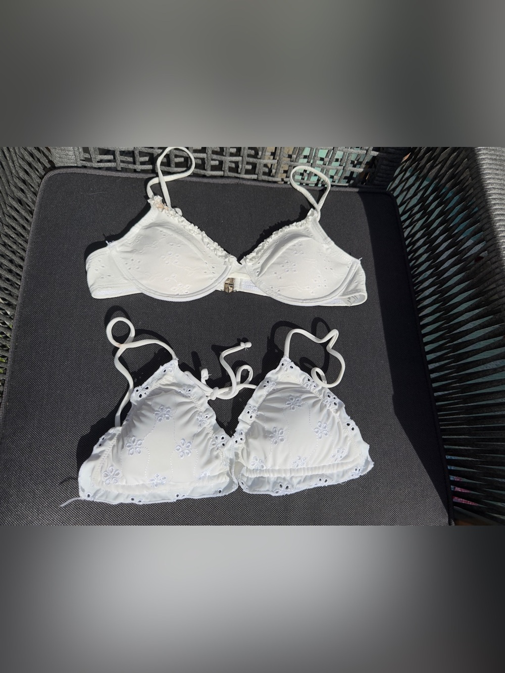 Set of 2 Eyelet Bikini Top, Bustier and triangle ruffle trim stukes